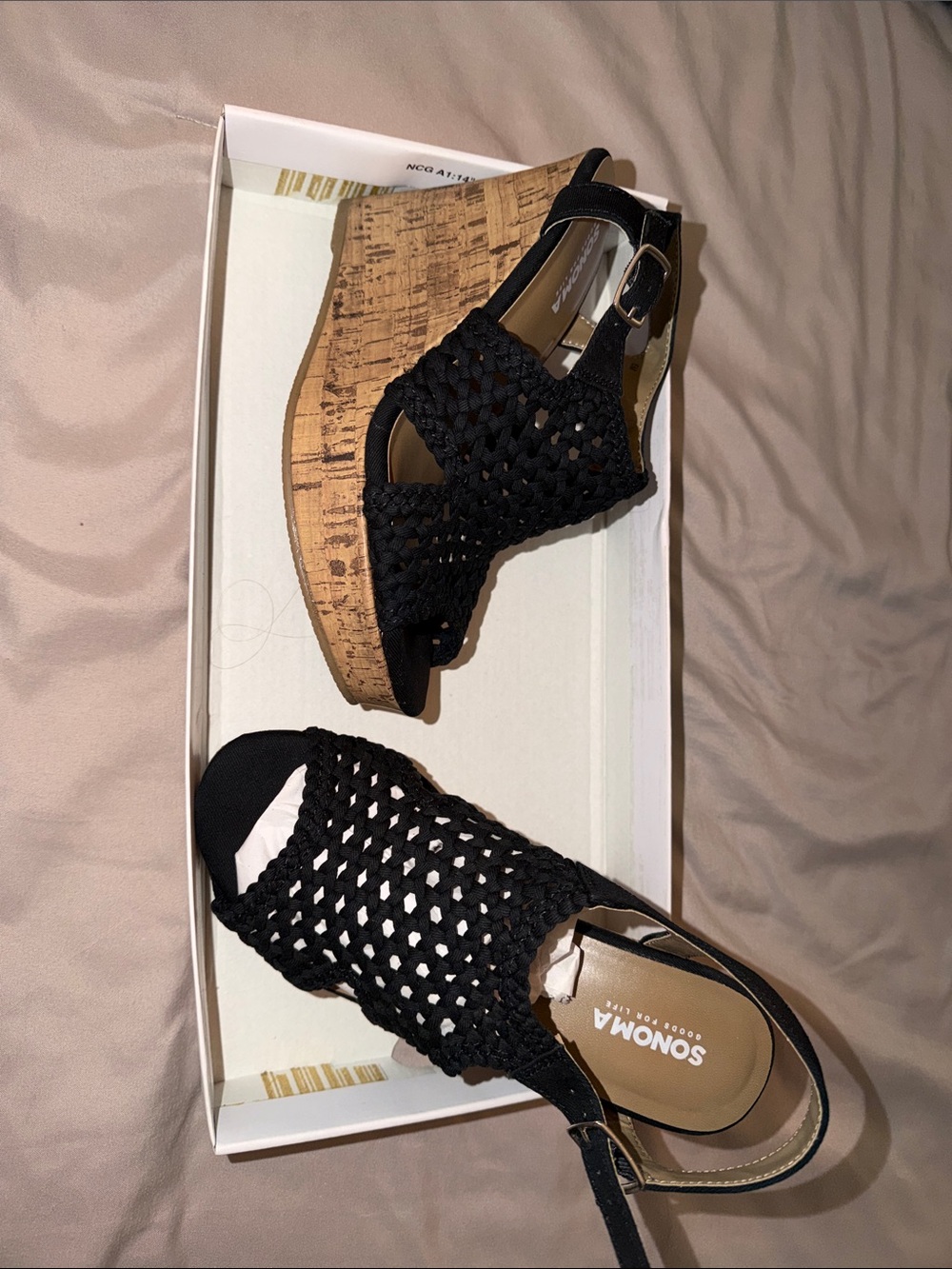 Sonoma Black Woven Cork Wedge Sandals with Ankle Strap
